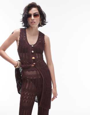 Topshop - Lange, gestrickte Strandweste in Schokoladenbraun mit Perlenbesatz, Kombiteil-Brown