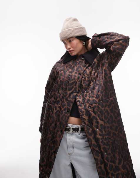 Topshop - Lange jas met corduroy kraag en luipaardprint in multi - view 1