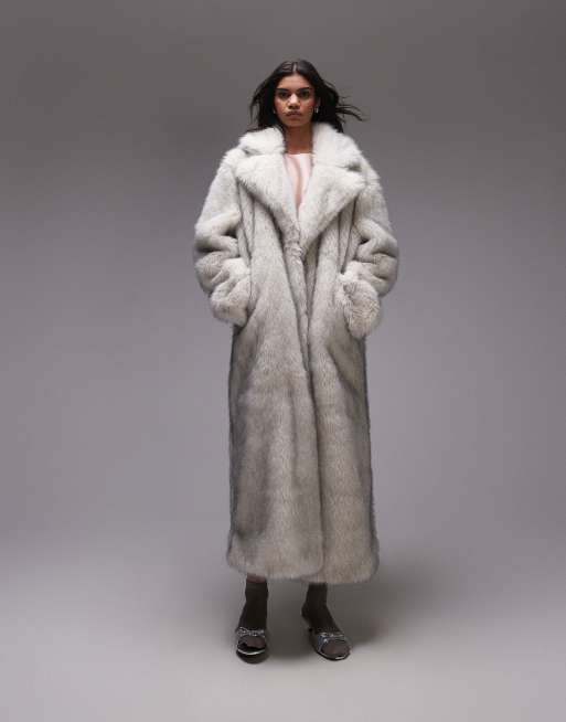 Topshop - Lange jas van imitatiebont in wit met gekleurde puntjes
