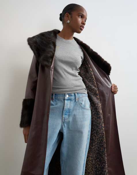 Topshop lange jas van imitatieleer met faux-fur afwerking in bordeauxrood - view 1