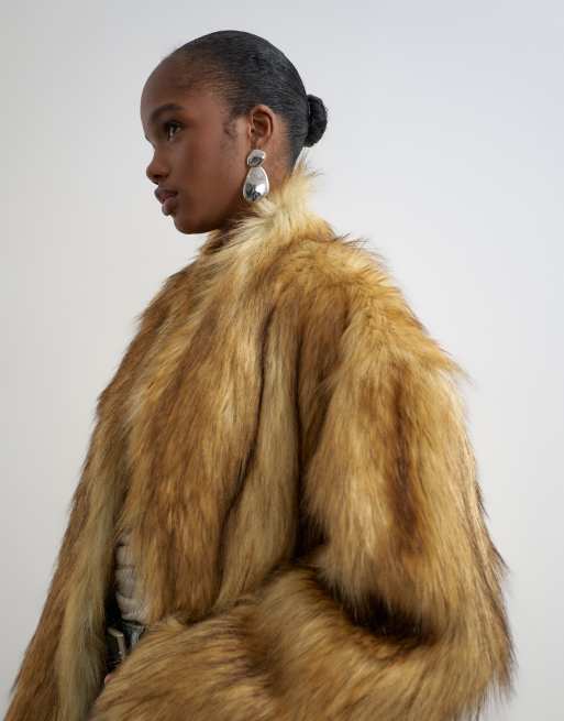 Topshop langer Faux-Fur-Mantel in Braun, 3 von 4