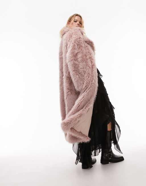 Topshop – Langer Kunstpelzmantel in Rosa, 3 von 4