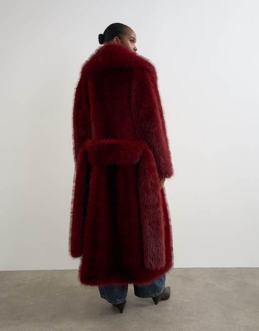 Topshop langer Mantel aus Kunstfell mit Gürtel in Kirschrot, 3 von 4
