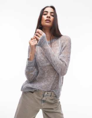 Topshop - Langer, transparenter Strickpullover in Grau