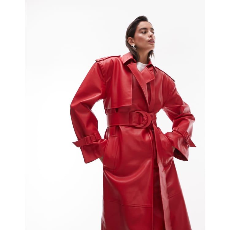 Topshop – Langer Trenchcoat aus Kunstleder in Rot ASOS