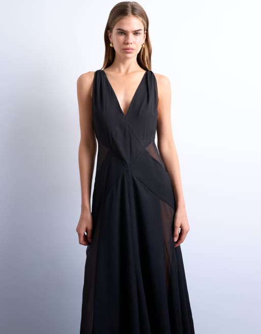 Topshop – Langes Kleid für besondere Anlässe, mit tiefem Ausschnitt und transparenten Einsätzen in Schwarz, 4 von 4