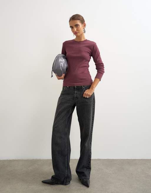 Topshop langærmet hverdags-T-shirt i vasket bordeaux, 2 af 4