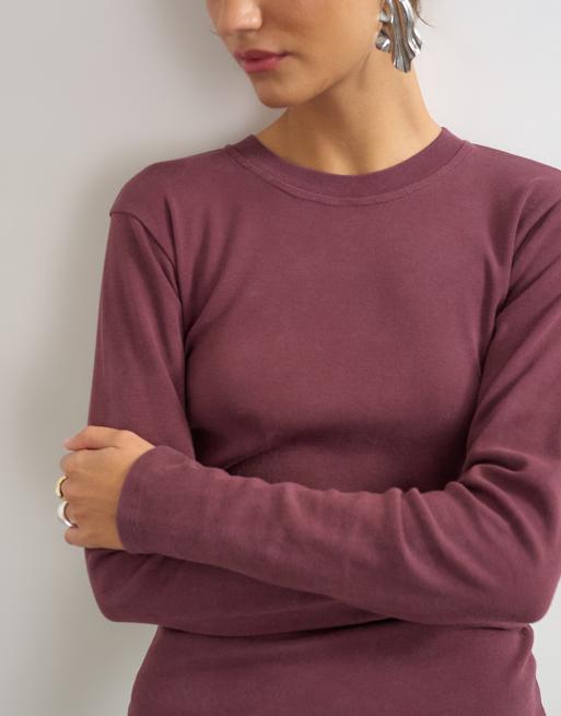 Topshop langærmet hverdags-T-shirt i vasket bordeaux, 3 af 4