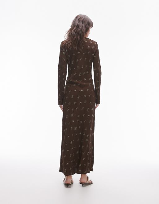 Topshop - Langærmet maxikjole med bred hals og brunt, småblomstret print , 2 af 4