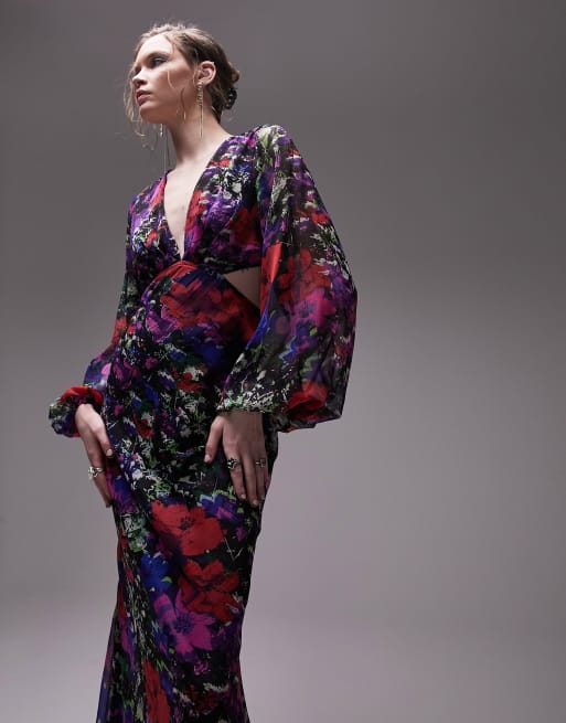 Topshop - Langærmet maxikjole til særlige lejligheder med multifarvet print og udskæring
