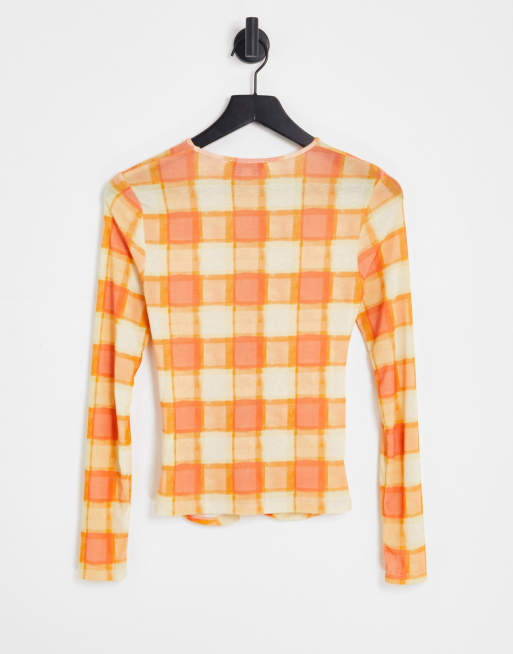 Topshop - Langærmet mesh-top i orange tern, 2 af 4