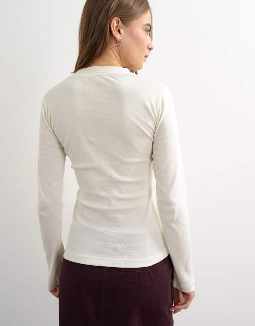 Topshop langærmet micro V-top i ecru, 4 af 4