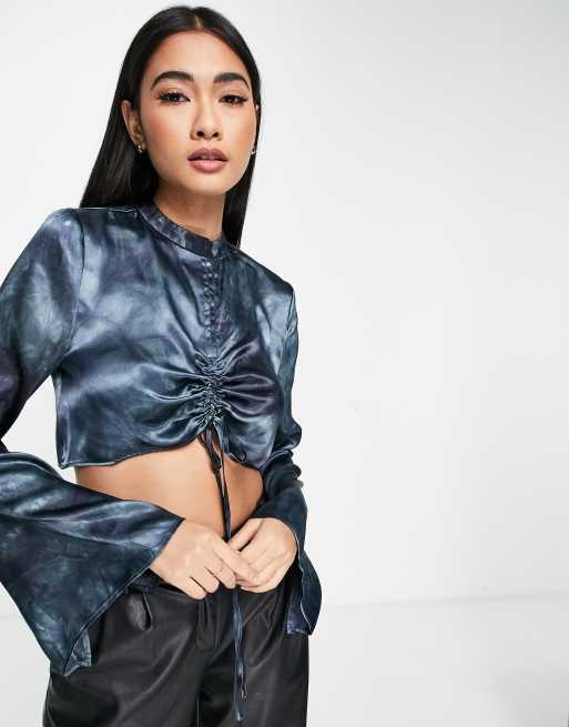 Topshop - Langærmet og cropped satinbluse med rynket front i blå satin , 3 af 4