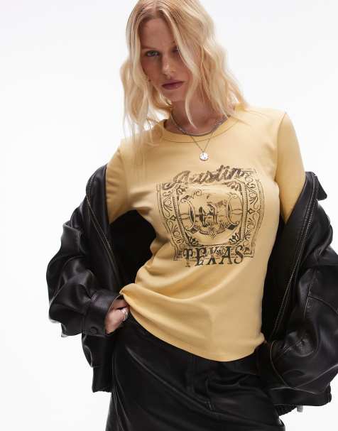 Topshop - Langærmet og gul top med 'Austin Texas'-print - view 1
