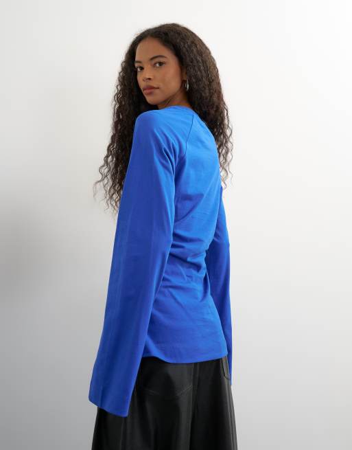 Topshop langærmet raglan-T-shirt med indsnøret talje i kobolt, 3 af 4