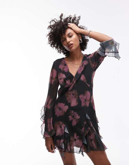 Topshop - Langærmet tea-kjole med kilekant og sløret blomstermønster, 2 af 4