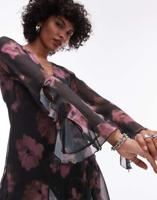Topshop - Langærmet tea-kjole med kilekant og sløret blomstermønster, 3 af 4