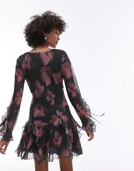 Topshop - Langærmet tea-kjole med kilekant og sløret blomstermønster, 4 af 4
