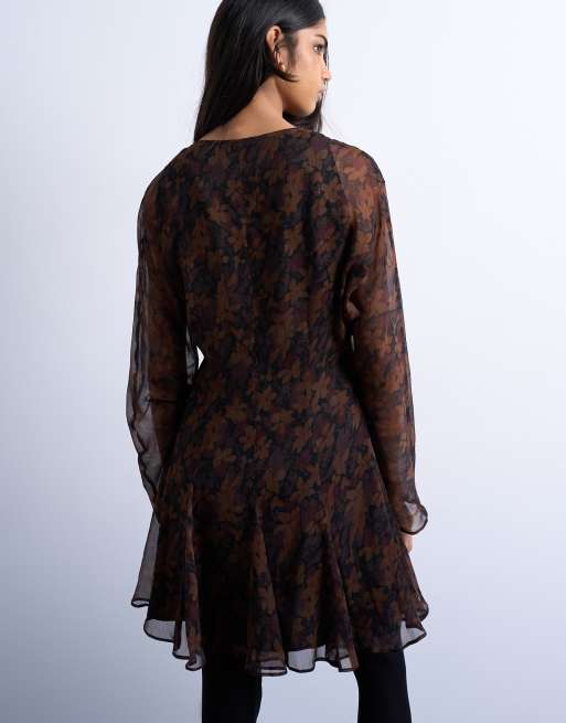 Topshop - Langærmet tea-minikjole med blondekanter og mørkt blomstermønster, 4 af 4