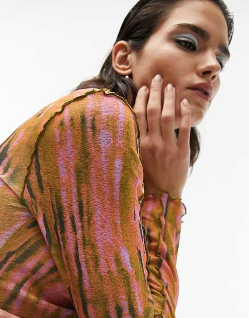 Topshop - Langærmet top i mesh med spray-print og sømdetaljer, 3 af 4