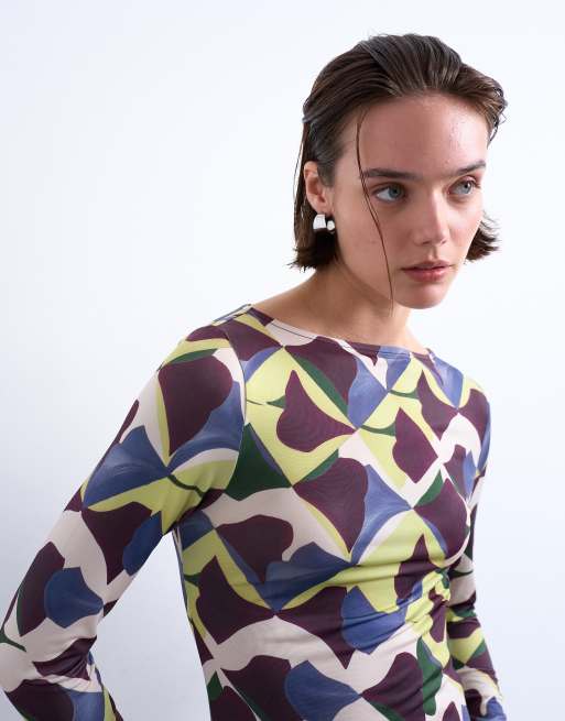 Topshop - Langærmet top i mikrofiber med malet geometrisk print i multifarve, 3 af 4