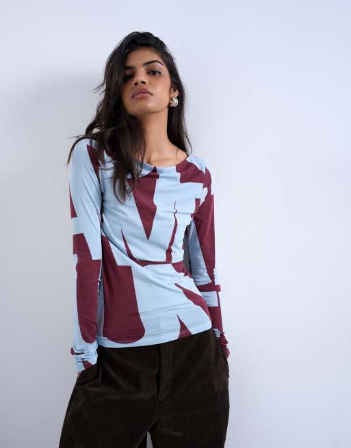 Topshop - Langærmet top med blåt og bordeaux print, 4 af 4