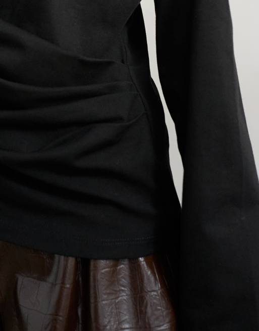 Topshop langærmet top med draperet detalje i sort, 3 af 4