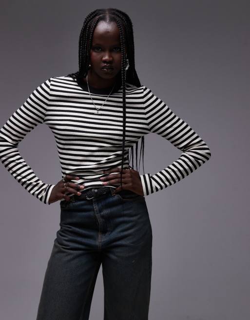 Topshop - Langærmet top med dyb, rund hals og monokrome striber