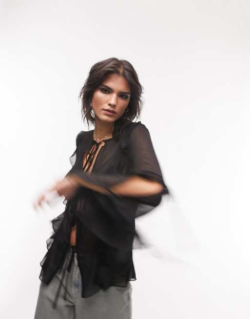 Topshop - Langærmet top med flæser og bindebånd foran i sort