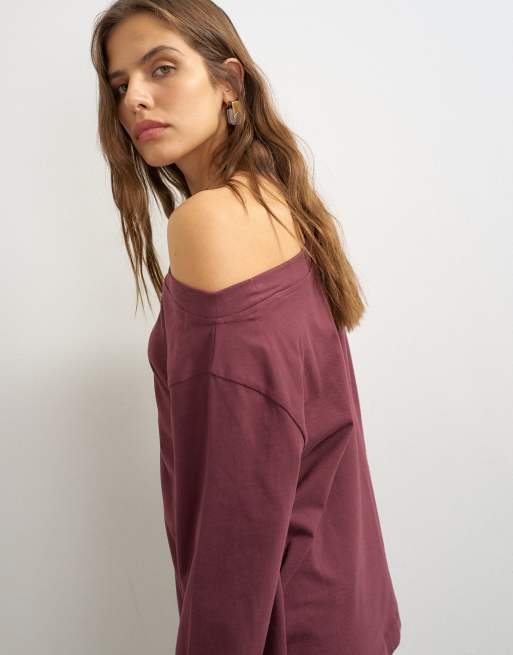 Topshop langærmet top med sænkede skuldre i plum, 3 af 4