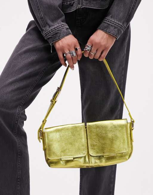 Topshop - Lara - Borsa da spalla in pelle metallizzata con tasca