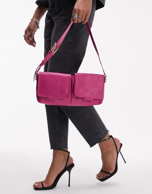 Topshop - Lara - Borsa da spalla rosa di pelle con tasche