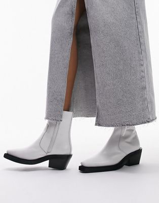 Topshop Lara leather western style ankle boot in white lizard - ASOS Price Checker