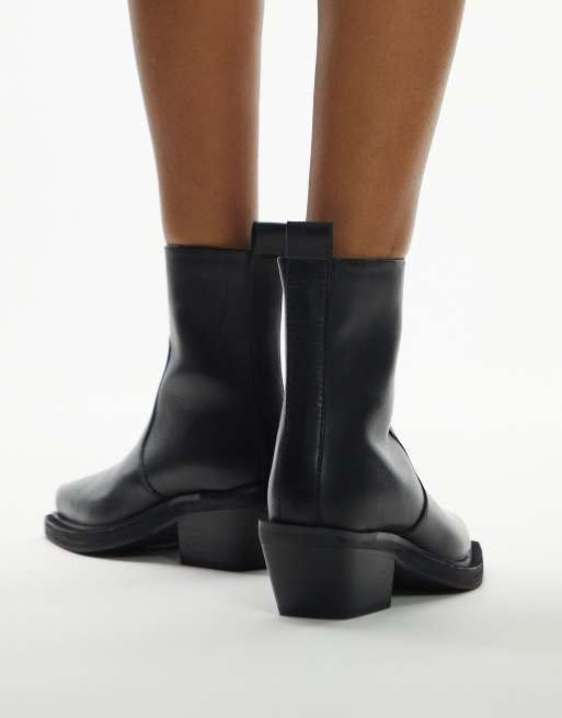 Topshop Lara leather western style ankle boots in black