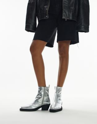 Topshop Lara Leather Western Style Ankle Boots In Silver In Silver