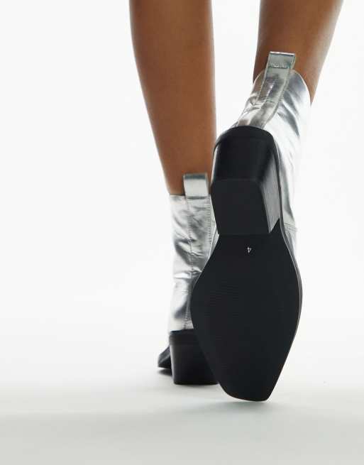 Topshop Lara Leather Western Style Ankle Boots in Silver