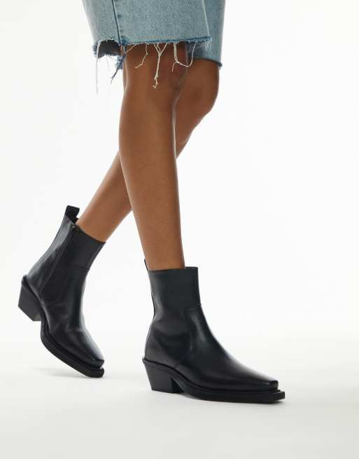 Topshop - Lara - Leren enkellaarzen in westernstijl in zwart
