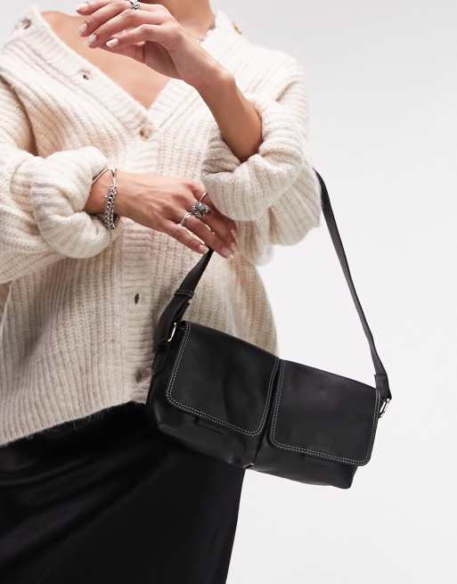 Topshop – Lara – Schultertasche in Schwarz mit Außentaschen