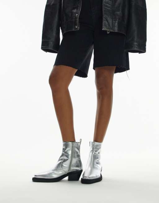Topshop - Lara - Stivaletti stile western in pelle argento
