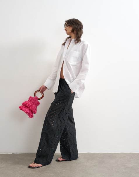 Topshop large broderie cut out tie waist pants in black - view 1