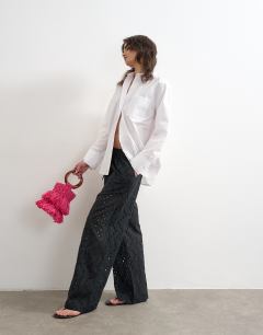 Large broderie cut out tie waist trouser in black