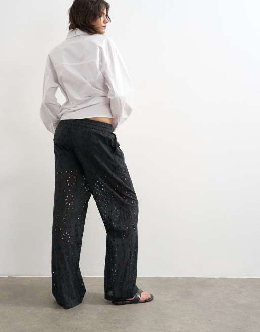 Topshop large broderie cut out tie waist trouser in black, 4 of 5