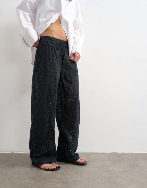 Topshop large broderie cut out tie waist trouser in black, 5 of 5
