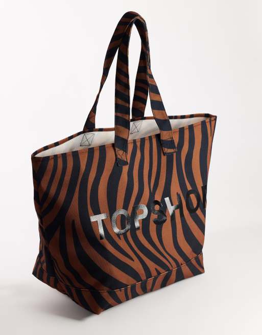 Topshop large canvas tote bag in chocolate zebra, 3 of 4