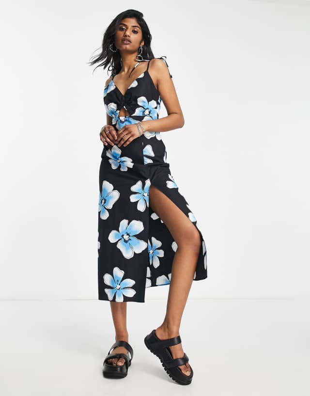 Topshop large floral cut out poplin pinny dress