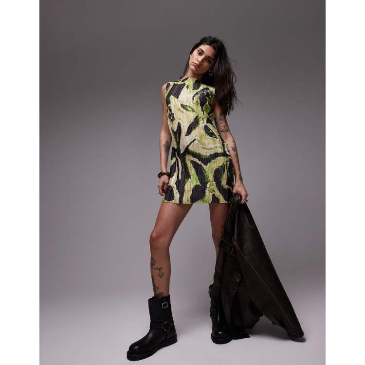 Topshop large floral print plisse mini dress in green | ASOS
