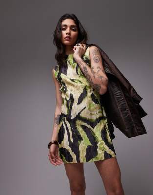 Topshop Large Floral Print Plisse Mini Dress In Green