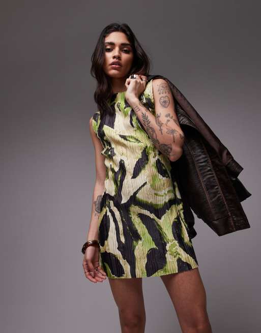 Topshop large floral print plisse mini dress in green