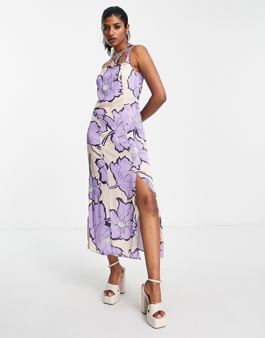 Topshop large outlined floral midi slip dress in lilac-Purple