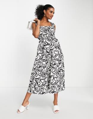 Topshop Large Painted Floral Midi Dress In Mono multi ModeSens